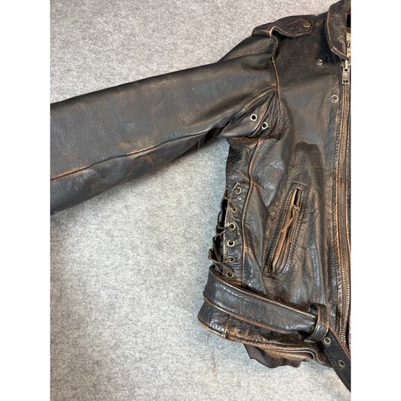 VINTAGE Unik Biker Leather Jacket Men Size 46 Brown USA Flag Embossed Motorcycle - Picture 6 of 10